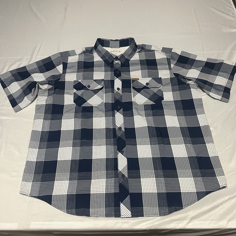 Orvis Fishing Shirt Mens Size 2XL Blue Plaid Outdoors Hiking Performance Stretch